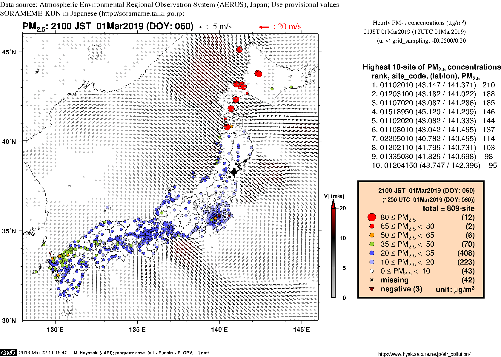 PM2.5 concentration in mainland Japan (21JST 01Mar2019)