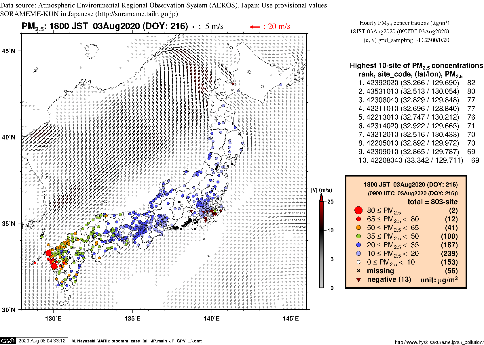 PM2.5 concentration in mainland Japan (18JST 03Aug2020)