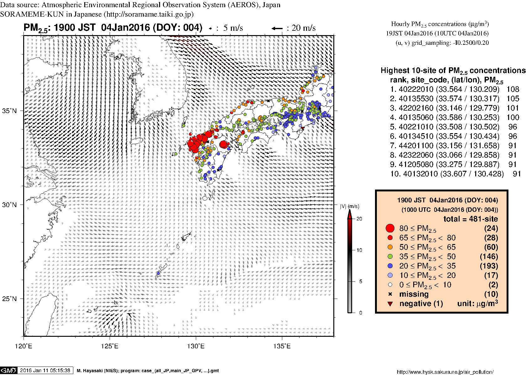 PM2.5 concentration in western Japan (19JST 04Jan2016)