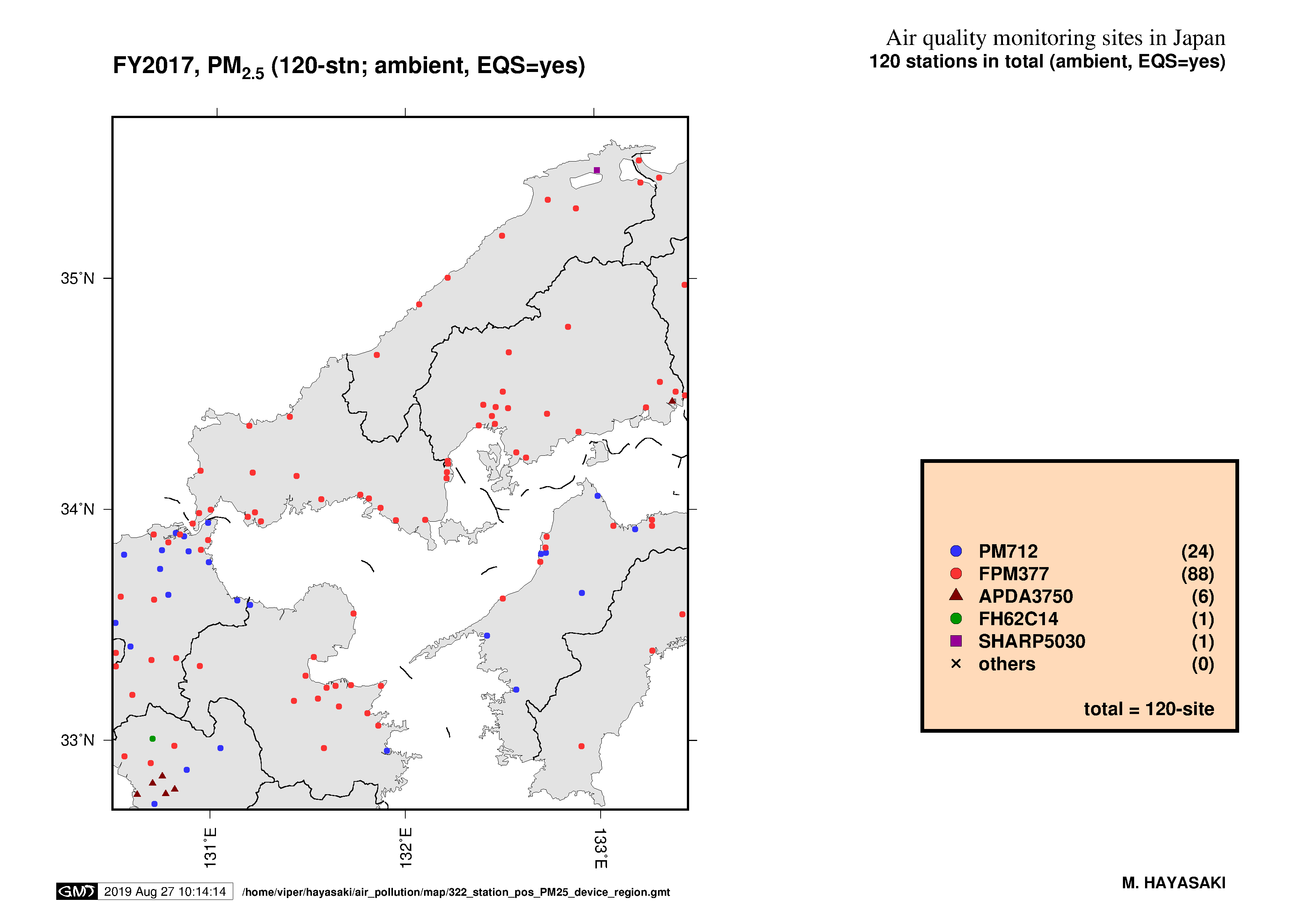 PM2.5 Monitoring devices in CHUGOKU-SHIKOKU (west) district, Japan