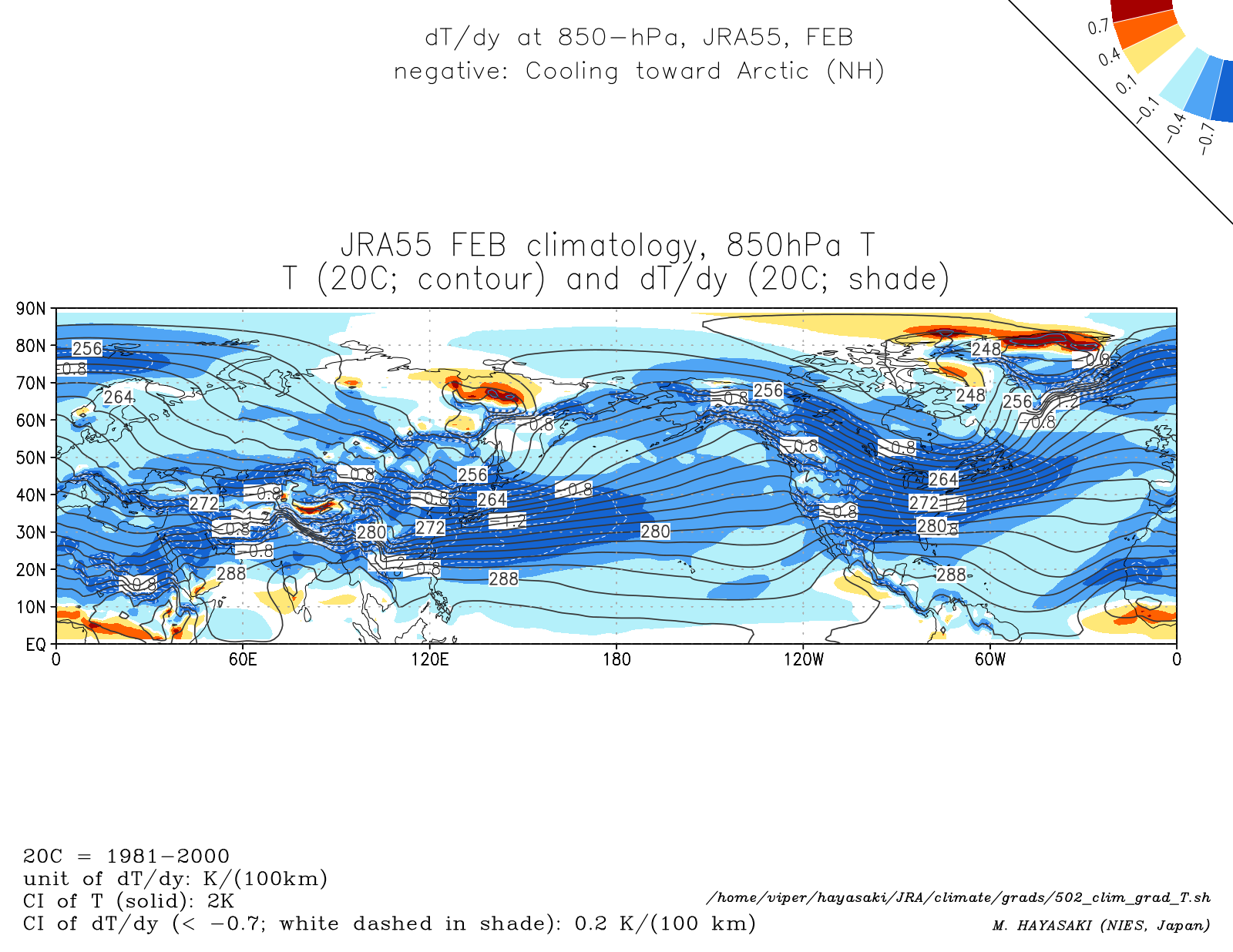 Monthly climatology (Feb) of dT/dy at 850-hPa in the NH