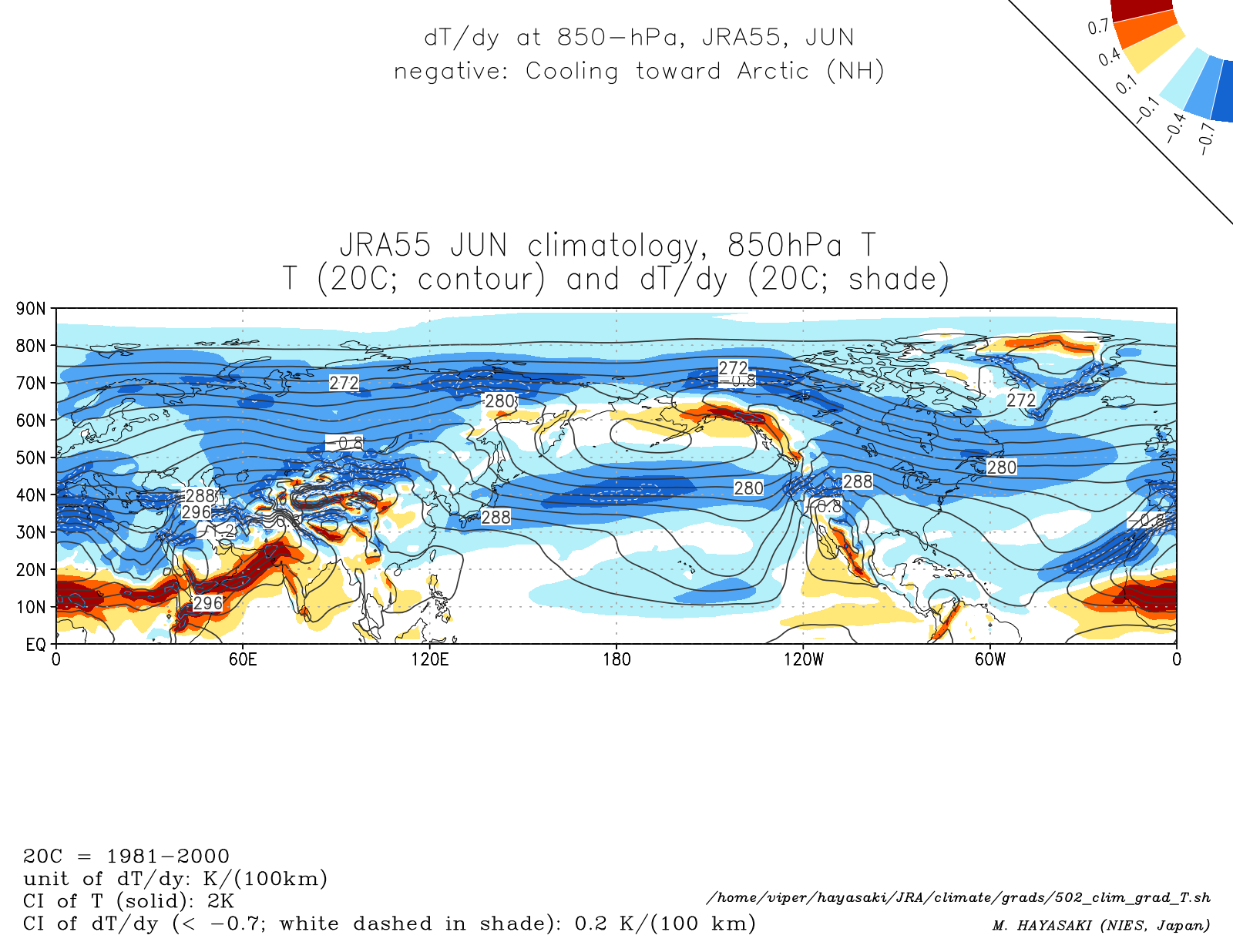 Monthly climatology (June) of dT/dy at 850-hPa in the NH