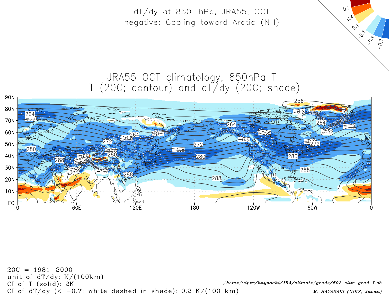 Monthly climatology (October) of dT/dy at 850-hPa in the NH