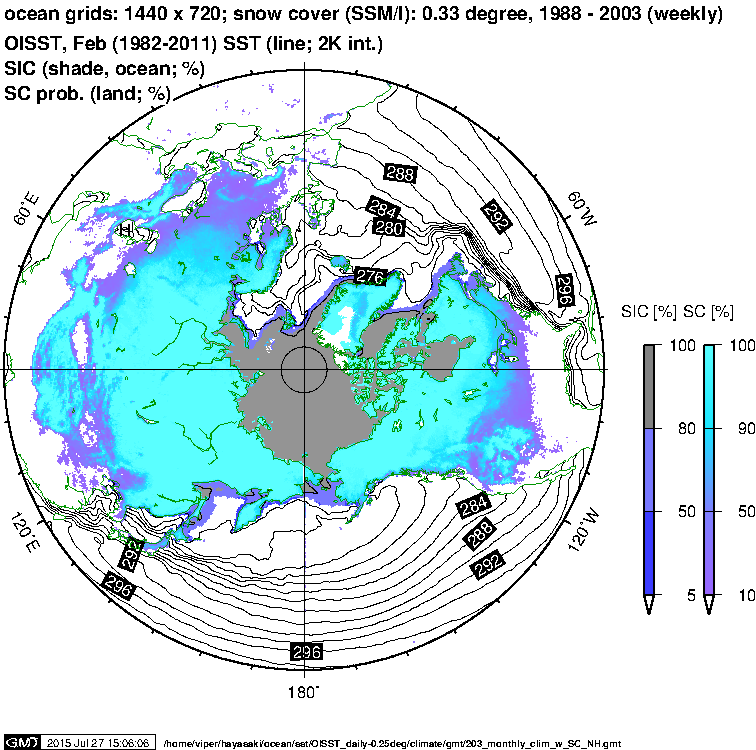 Monthly climatology (Feb) of SST, SIC, snow cover in the NH