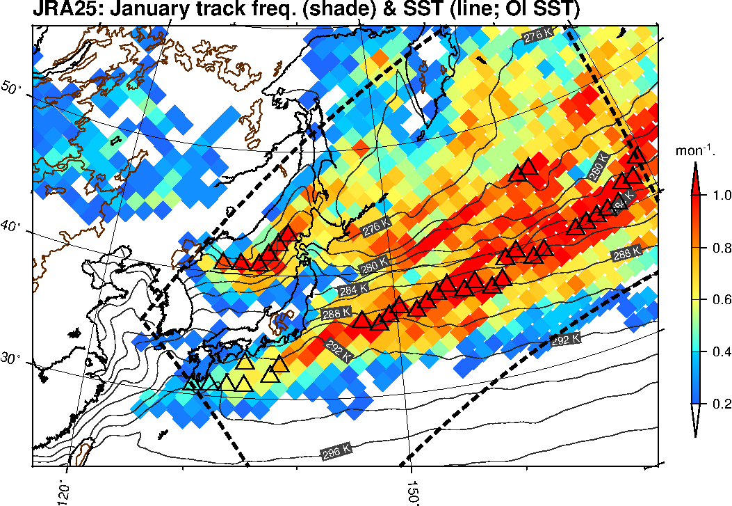 Monthly climatology (Jan) of cyclone track frequency around Japan