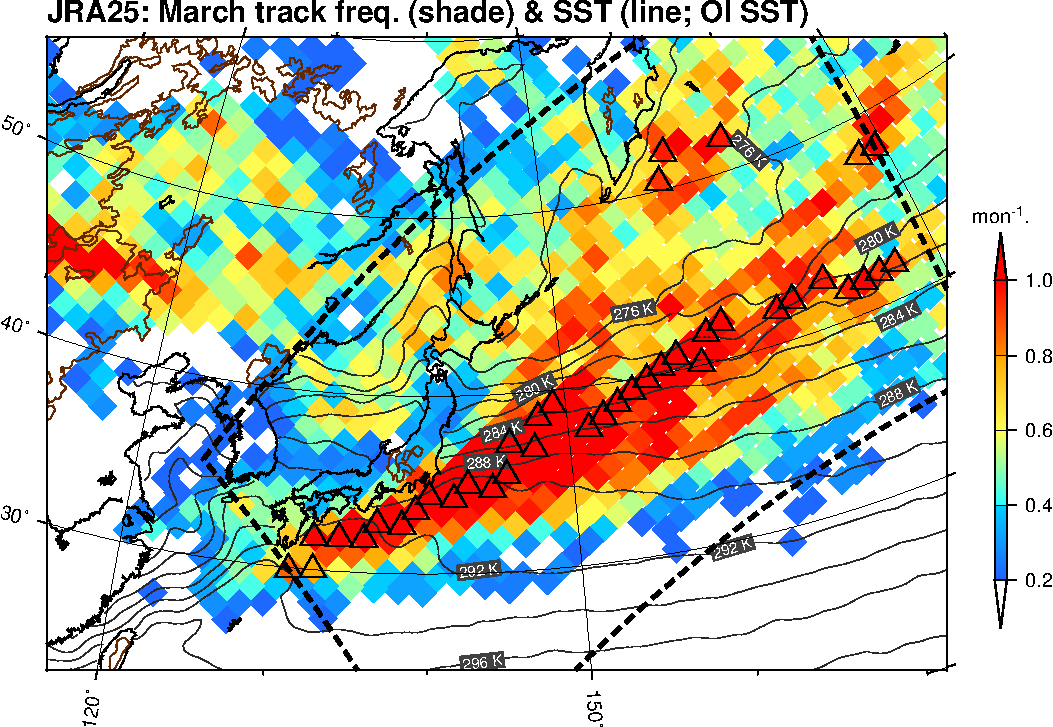 Monthly climatology (Mar) of cyclone track frequency around Japan