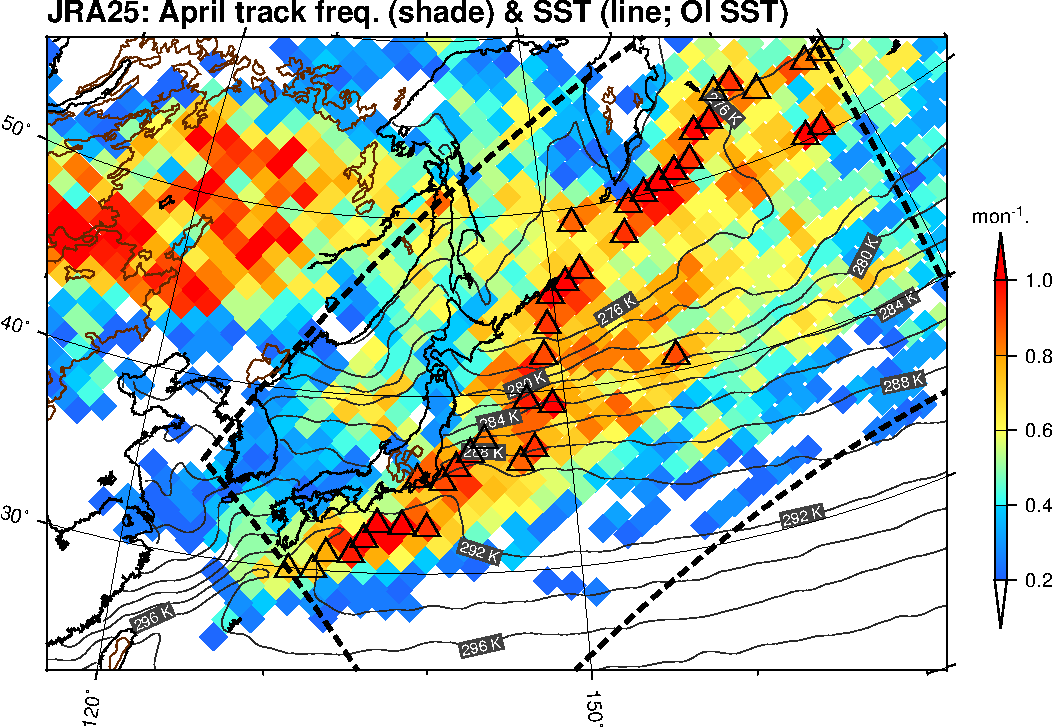 Monthly climatology (Apr) of cyclone track frequency around Japan