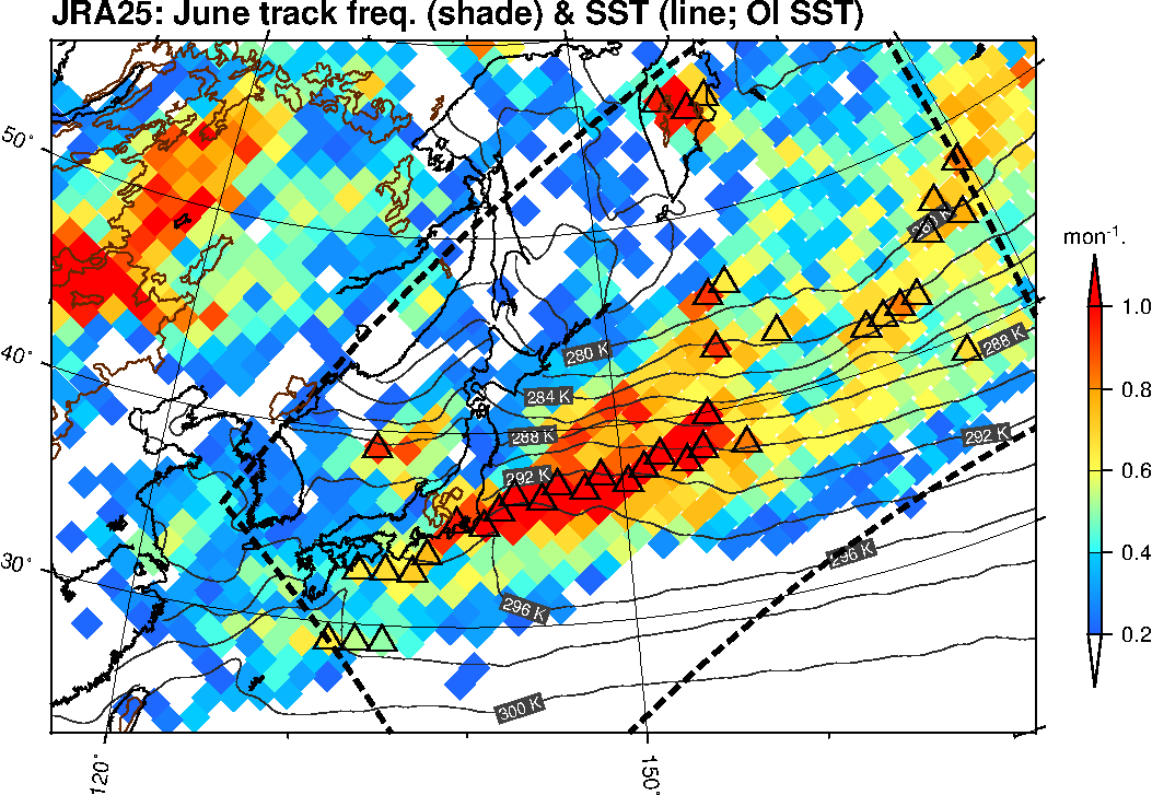 Monthly climatology (Jun) of cyclone track frequency around Japan