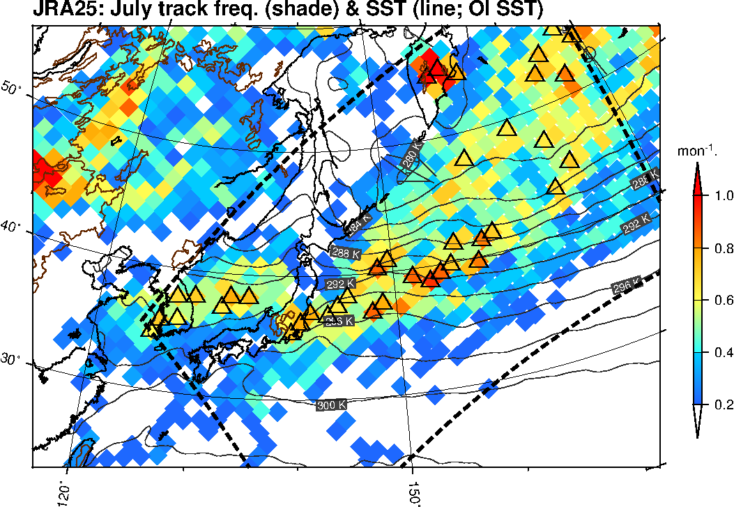 Monthly climatology (Jul) of cyclone track frequency around Japan