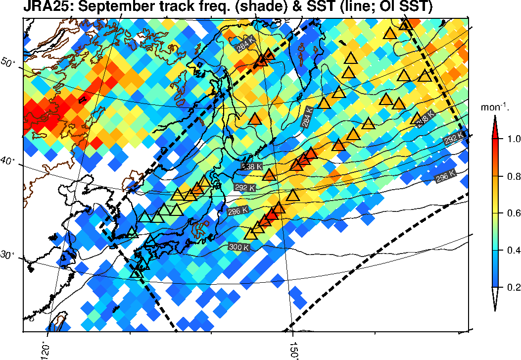 Monthly climatology (Sep) of cyclone track frequency around Japan