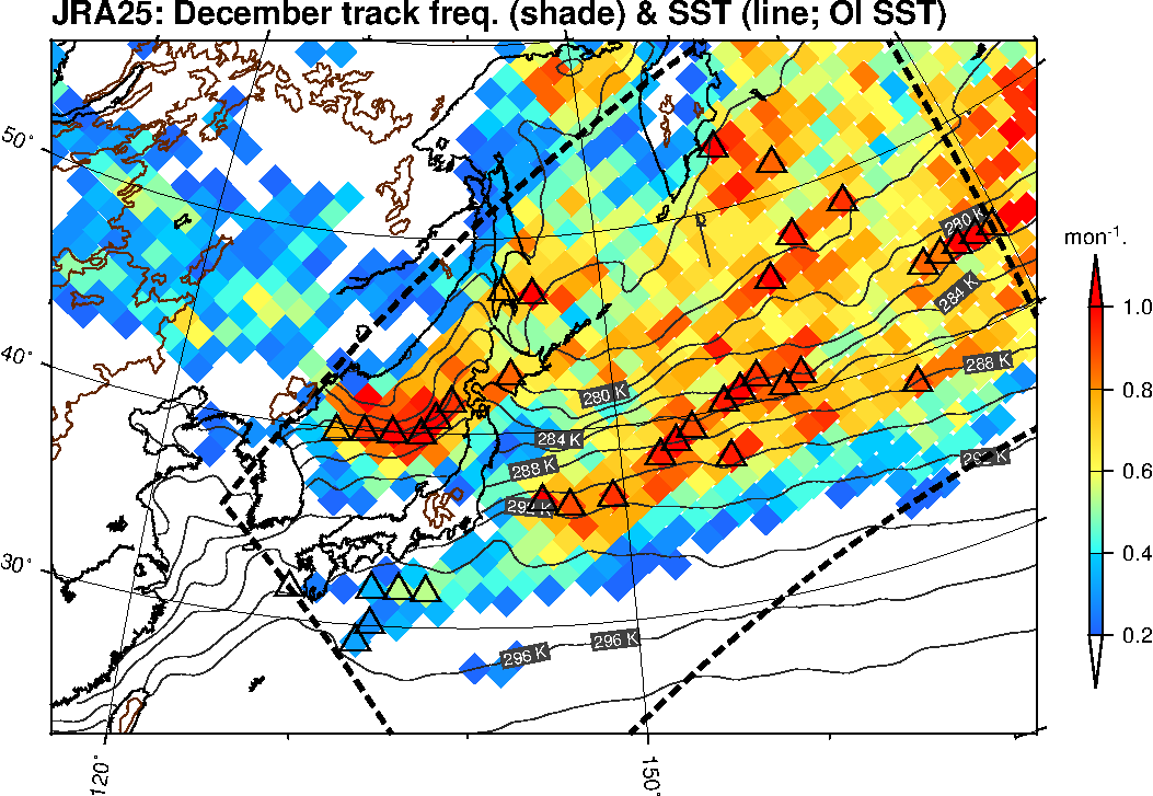 Monthly climatology (Dec) of cyclone track frequency around Japan