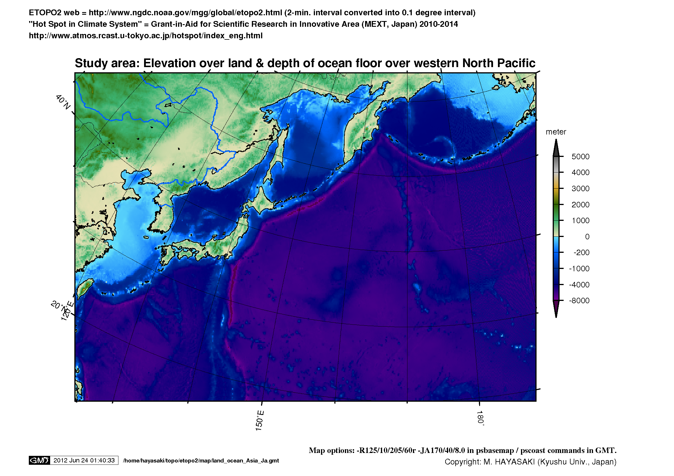 Elevation and ocean depth over western N. Pacific